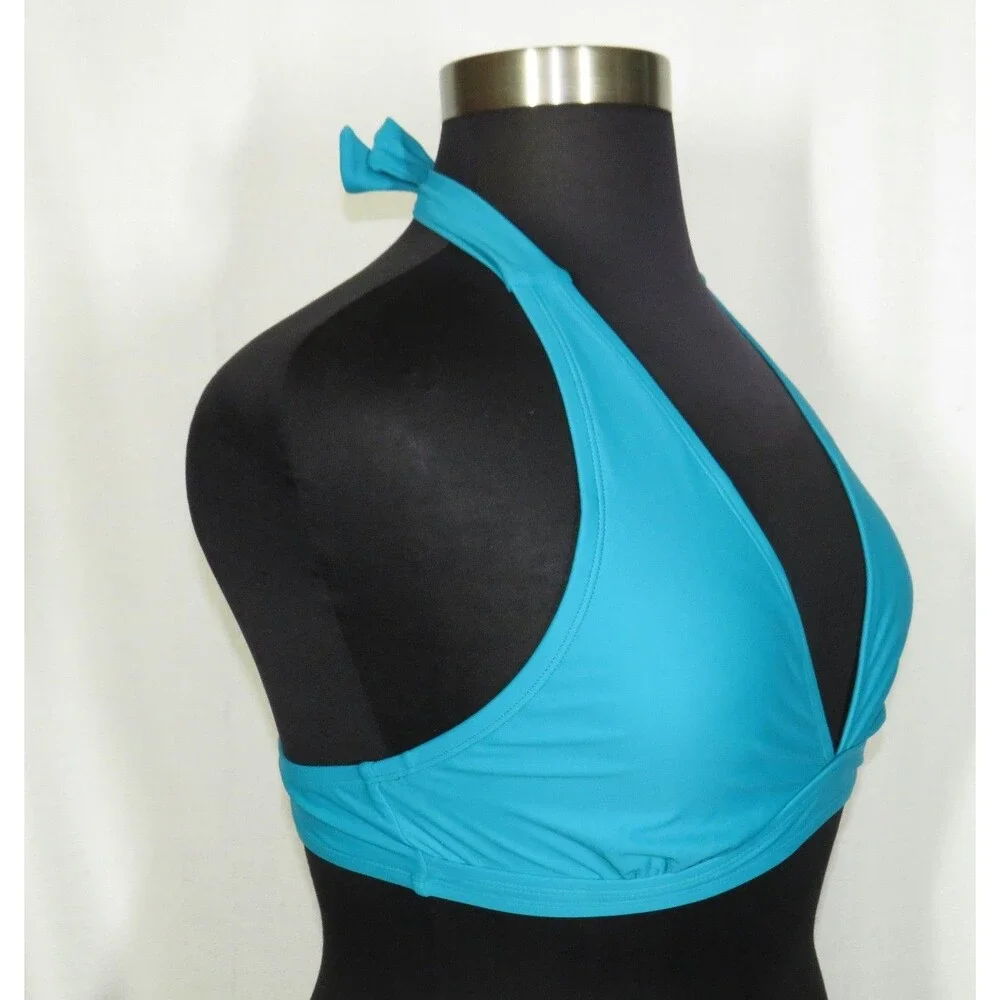 Halara Deep V Halter Tie Padded Bikini Swim Top Lake Blue Size XL 16